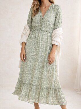 SHEIN Sage Green Floral Ruffle Trim Long Sleeve Midi Dress L